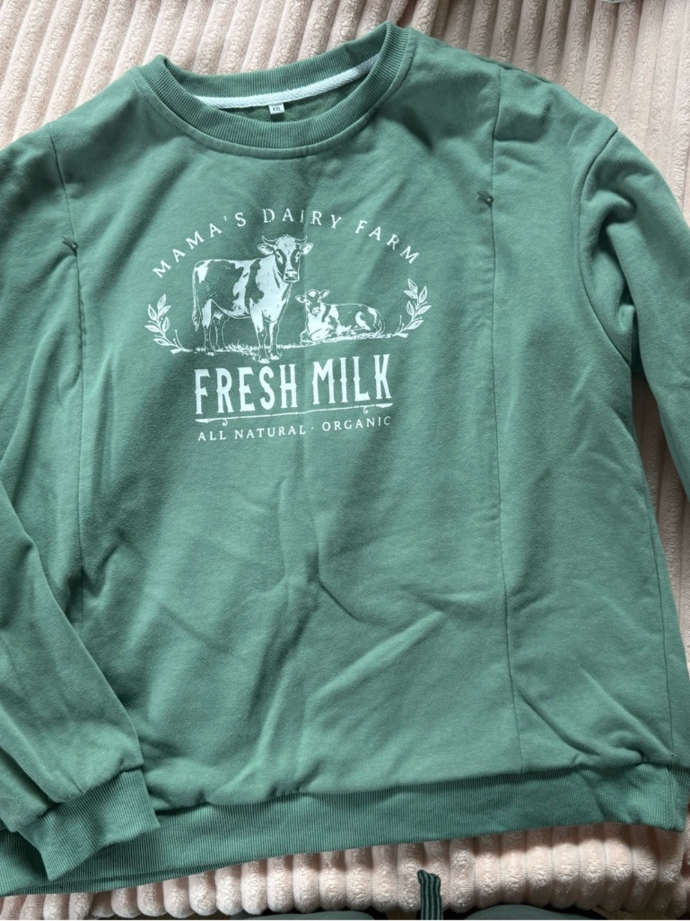 Green "Fresh Milk" Graphic Crewneck Sweatshirt nursing friendly
